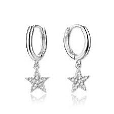 2MM High Polish Huggie Hoop Earrings w/ Cubic Zirconia Dangle Star 10KT WG/6MM      *FINAL SALE*
