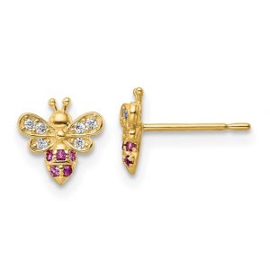Bumble Bee Cubic Zirconia & Red Stone Stud Earrings 14KT/7MM           *FINAL SALE*