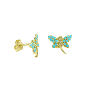 Turquoise & Cubic Zirconia Dragonfly Stud Earrings 10KT/12MM     *FINAL SALE*