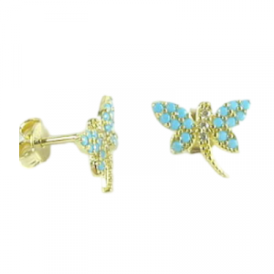 Turquoise & Cubic Zirconia Dragonfly Stud Earrings 10KT/12MM     *FINAL SALE*