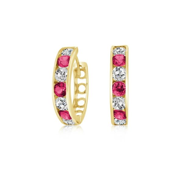 3MM Sim. Ruby & Cubic Zirconia Channel Set Baby Size Huggie Hoop Earrings 10KT/13MM    *FINAL SALE*