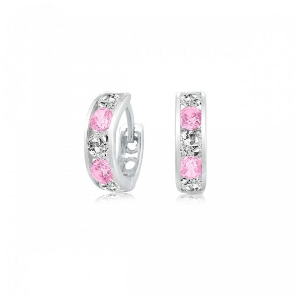 3MM Sim. Pink & Cubic Zirconia Channel Set Baby Size Huggie Hoop Earrings 10KT WG/9MM    *FINAL SALE*