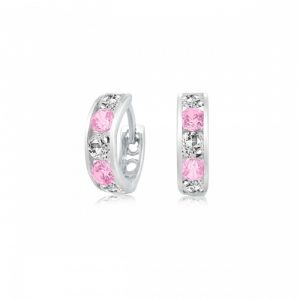 3MM Sim. Pink & Cubic Zirconia Channel Set Baby Size Huggie Hoop Earrings 10KT WG/9MM    *FINAL SALE*