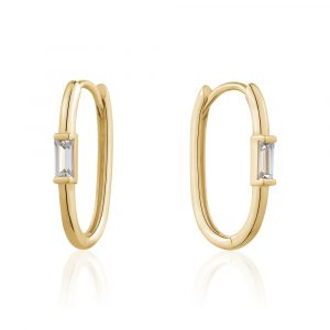 1.5MM Oval with Cubic Zirconia Baguette Huggie Hoop Earring 10KT/17MM   *FINAL SALE*