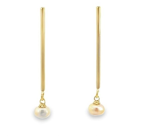 6MM Fresh Water Pearl Dangle Stick Earrings 10KT/28MM   *FINAL SALE*