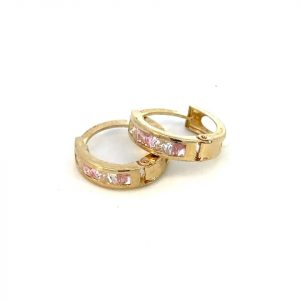 3MM Pink & White Square Cubic Zirconia Huggie Hoop Earrings 10KT /12MM   *FINAL SALE*