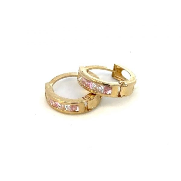 3MM Pink & White Square Cubic Zirconia Huggie Hoop Earrings 10KT /12MM   *FINAL SALE*