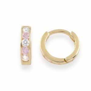 3MM Sim. Pink & Cubic Zirconia Channel Set Baby Size Huggie Hoop Earrings 10KT/9MM    *FINAL SALE*
