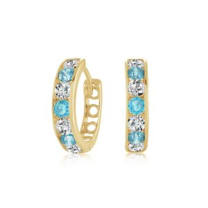 3MM Sim.Blue Topaz & Cubic Zirconia Channel Set Baby Size Huggie Hoop Earrings 10KT/13MM    *FINAL SALE*