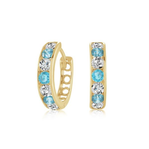 3MM Sim.Blue Topaz & Cubic Zirconia Channel Set Baby Size Huggie Hoop Earrings 10KT/13MM    *FINAL SALE*