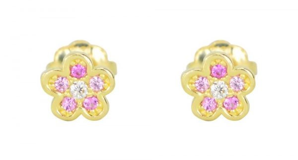 Pink Cubic Zirconia Flower Stud Baby Screwback Earrings 10KT   *FINAL SALE*