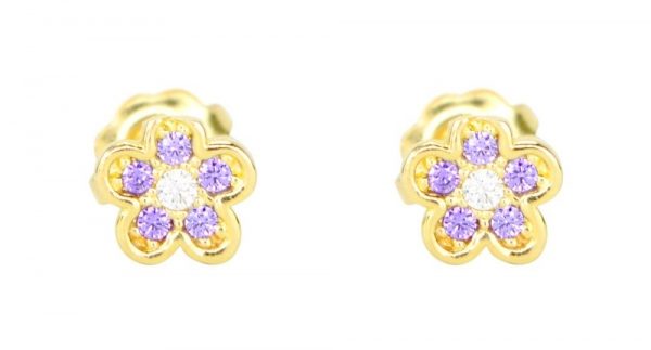 Purple Cubic Zirconia Flower Stud Baby Screwback Earrings 10KT   *FINAL SALE*