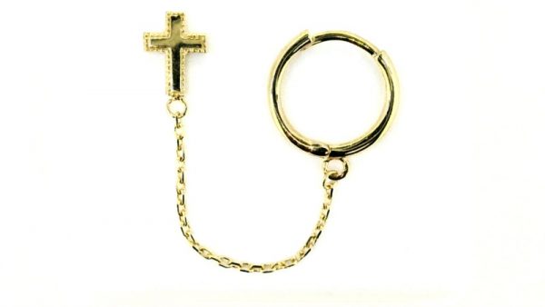 Beaded Edge Cross & 2MM Huggie Hoop with Chain Double Piercing 10KT    *FINAL SALE*