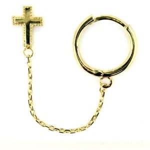 Beaded Edge Cross & 2MM Huggie Hoop with Chain Double Piercing 10KT    *FINAL SALE*