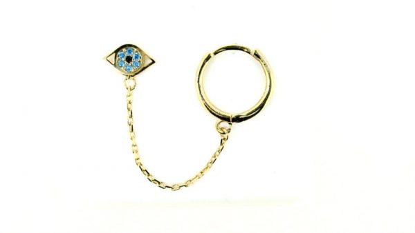 Evil Eye Blue Cubic Zirconia Stud & 2MM Huggie Hoop with Chain Double Piercing 14KT    *FINAL SALE*