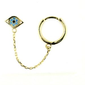 Evil Eye Blue Cubic Zirconia Stud & 2MM Huggie Hoop with Chain Double Piercing 14KT    *FINAL SALE*