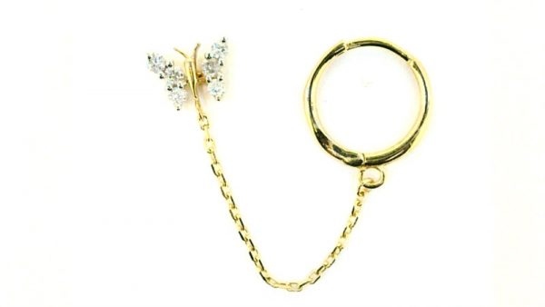 .10TCW Diamond Butterfly Stud & 2MM Huggie Hoop with Chain Double Piercing 10KT     *FINAL SALE*
