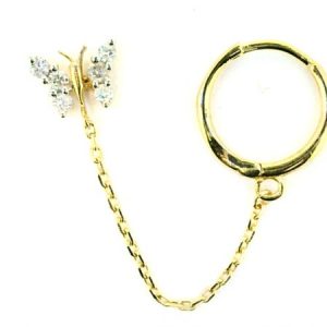 .10TCW Diamond Butterfly Stud & 2MM Huggie Hoop with Chain Double Piercing 10KT     *FINAL SALE*