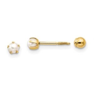 3MM Cultured Fresh Water Pearl Reversible Ball Screw Back Stud Baby Earrings 14KT           *FINAL SALE*