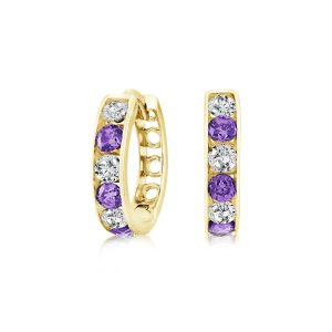 3MM Sim. Amethyst & Cubic Zirconia Channel Set Baby Size Huggie Hoop Earrings 10KT/13MM    *FINAL SALE*