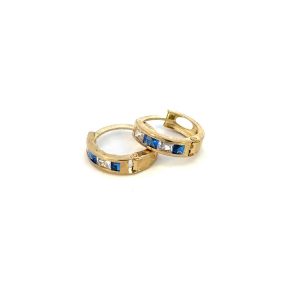 3MM Blue & White Square Cubic Zirconia Huggie Hoop Earrings 10KT /13MM   *FINAL SALE*