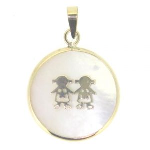2 Kids Inlay Framed Mother of Pearl Disc Pendant 10KT/18MM   *CLEARANCE-FINAL SALE*