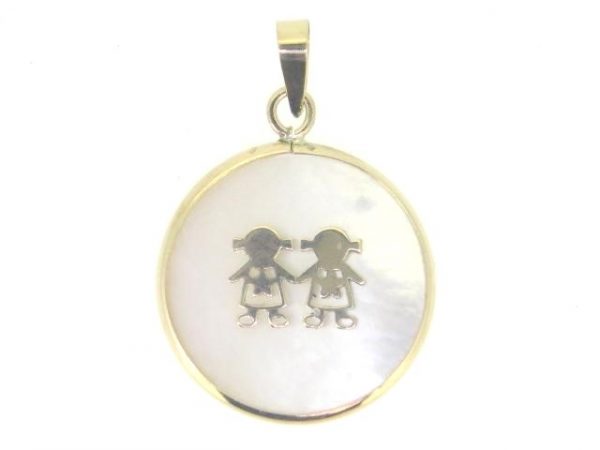 2 Kids Inlay Framed Mother of Pearl Disc Pendant 10KT/18MM   *CLEARANCE-FINAL SALE*