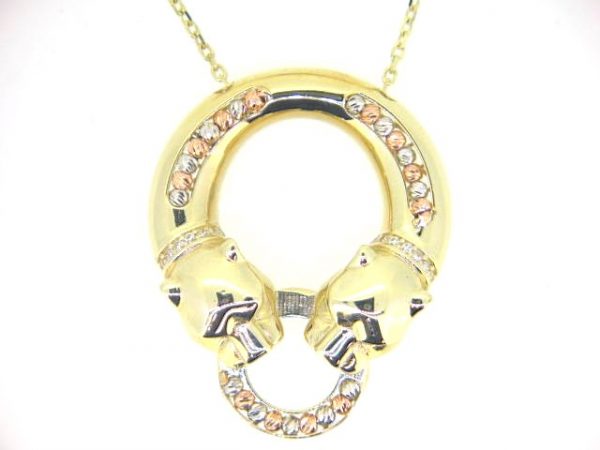 Double Panther Head with Sim. Red Stone Eyes, TC Accent Beads & Cubic Zirconia Pave 18" Necklace 10KT/29MM