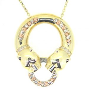Double Panther Head with Sim. Red Stone Eyes, TC Accent Beads & Cubic Zirconia Pave 18" Necklace 10KT/29MM