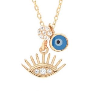 Blue Round Evil Eye & Eyelash Charm with Cubic Zirconia Adjustable 16-18" Necklace 10KT