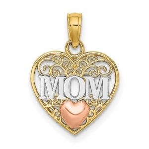 MOM   & Puffed Heart Filigree Heart Pendant 10KT TC/12MM