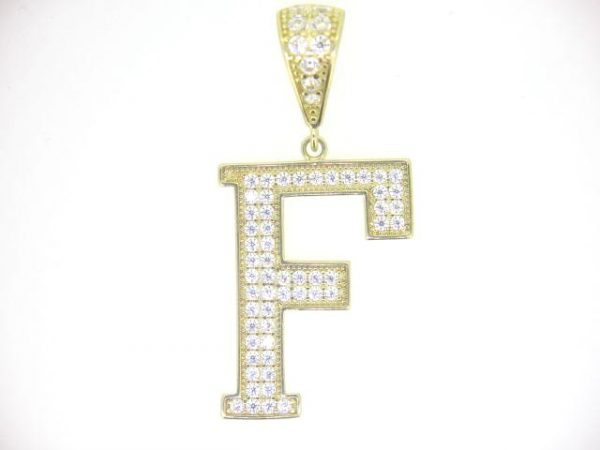 F Block Initial with Cubic Zirconia Pave Pendant 10KT/25MM