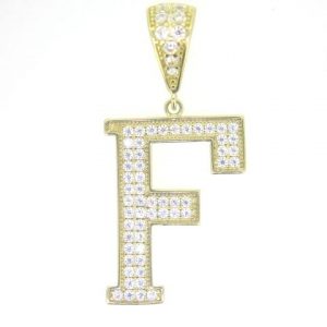 F Block Initial with Cubic Zirconia Pave Pendant 10KT/25MM