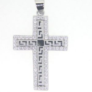 5MM Greek Key Design with Cubic Zirconia Framed Cross Pendant 10KT WG/25MM
