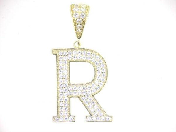 R Block Initial with Cubic Zirconia Pave Pendant 10KT/25MM