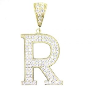 R Block Initial with Cubic Zirconia Pave Pendant 10KT/25MM