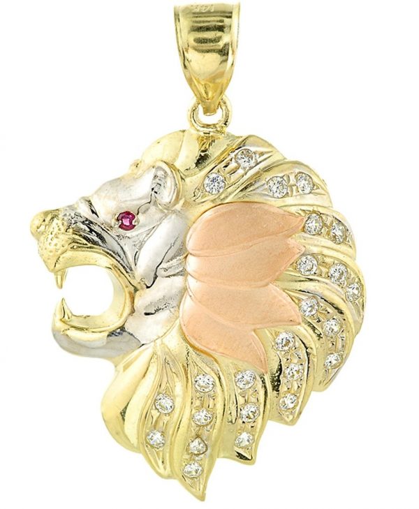 Lion Head w/ Cubic Zirconia & Sim. Red Stone Eye Pendant 10KT TC/38MM   *CLEARANCE-FINAL SALE*