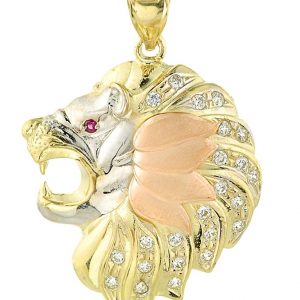 Lion Head w/ Cubic Zirconia & Sim. Red Stone Eye Pendant 10KT TC/38MM   *CLEARANCE-FINAL SALE*