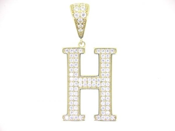 H Block Initial with Cubic Zirconia Pave Pendant 10KT/25MM
