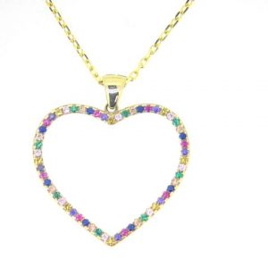 Sim. Stone Rainbow Open Heart Reversible Pendant with 18" Chain 10KT/25MM  *CLEARANCE- FINAL SALE*