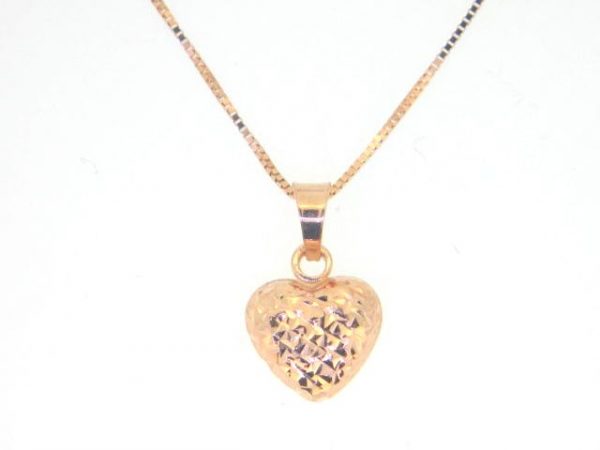 9MM Mini Puffed D.Cut Heart Pendant w/ 16" Box Chain 10KT PK