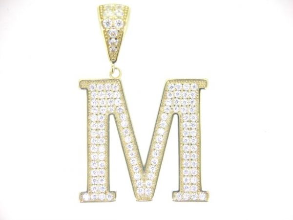 M Block Initial with Cubic Zirconia Pave Pendant 10KT/25MM