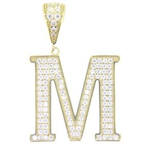 M Block Initial with Cubic Zirconia Pave Pendant 10KT/25MM
