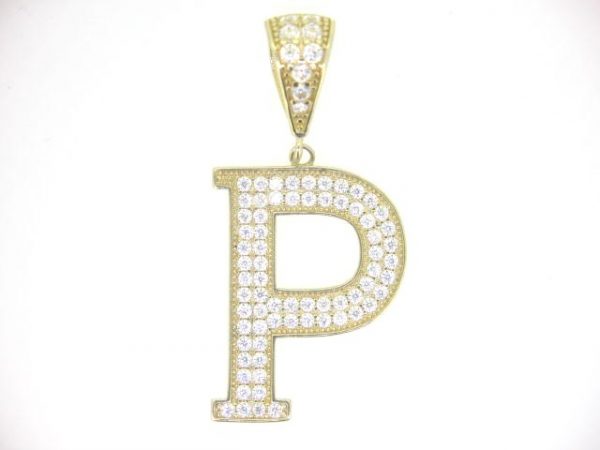 P Block Initial with Cubic Zirconia Pave Pendant 10KT/25MM