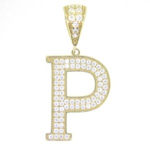 P Block Initial with Cubic Zirconia Pave Pendant 10KT/25MM