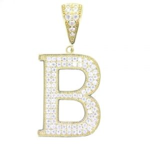 B  Block Initial with Cubic Zirconia Pave Pendant 10KT/25MM