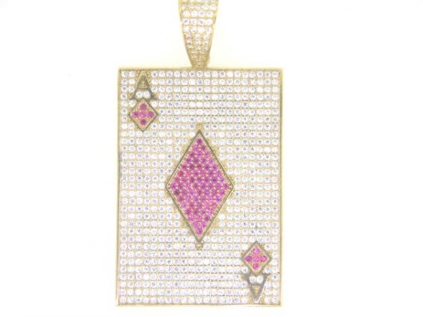 Ace of Diamonds w/ Red & White Cubic Zirconia Pave Pendant 10KT/42MM   *CLEARANCE-FINAL SALE*