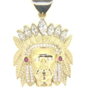 Indigenous Head w/ Red & White Cubic Zirconia Pave Pendant 10KT/28MM  *CLEARANCE-FINAL SALE*