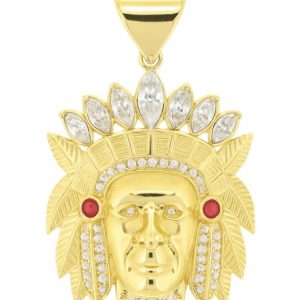 Indigenous Head w/ Red & White Cubic Zirconia Pave Pendant 10KT/28MM  *CLEARANCE-FINAL SALE*