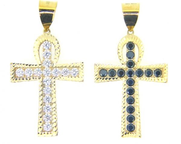 7MM D.Cut Cubic Zirconia Reversible Ankh Pendant 10KT/35MM
